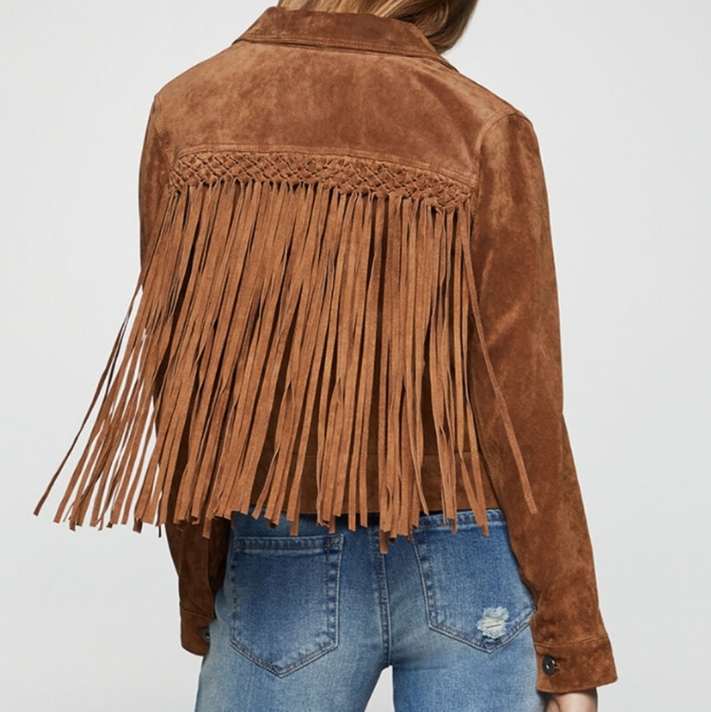 BCBGeneretion Braided Fringe Suede Jacket Western Brown M